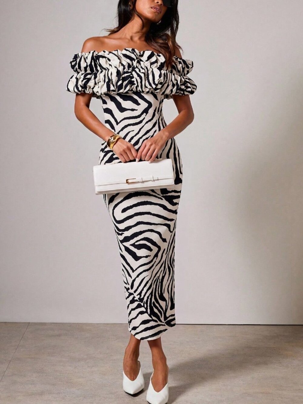 Elegant Women's Zebra Print Ruffle off shoulder design body fitted midi Dress - Picture 4 of 6